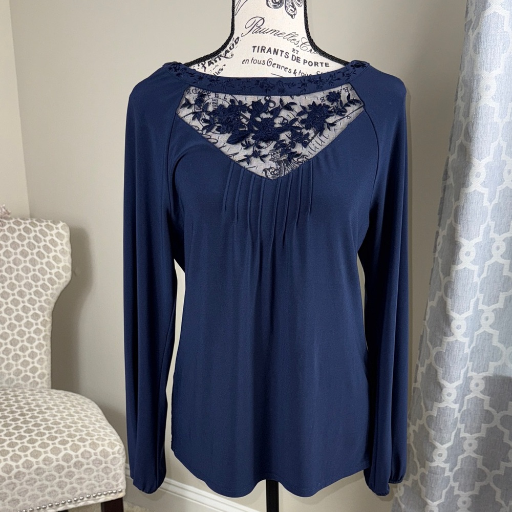 White House  Black Market Elegant Navy Blue Lace Women's Top